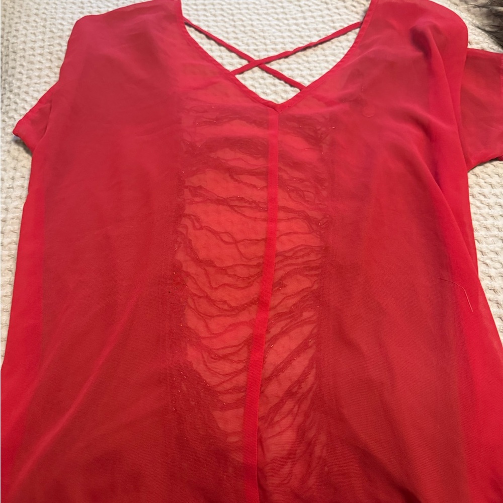 BKE Red and Tan Sheer V-Neck Top